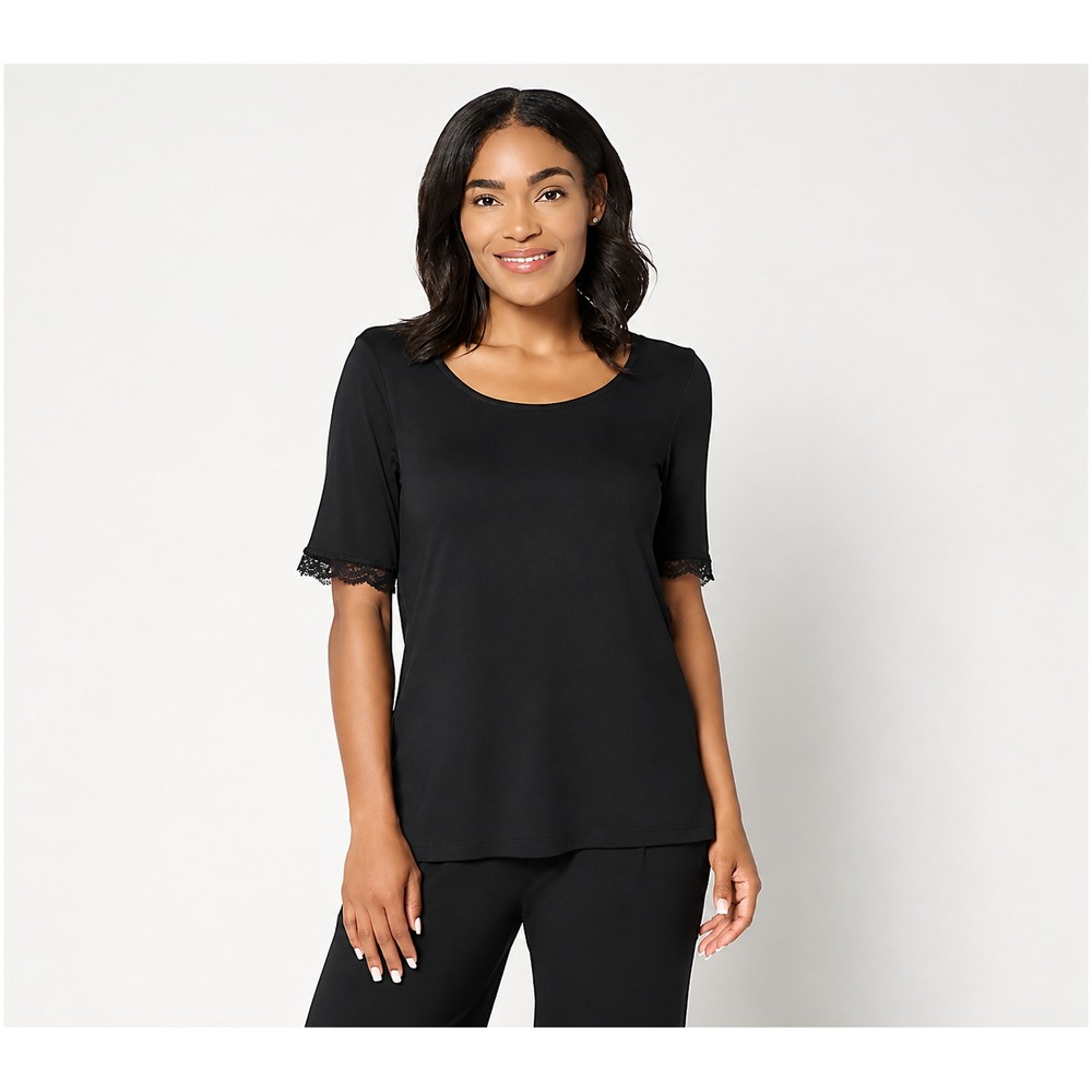 Cuddl Duds Soft Stretch Lace Trimmed Tee Black, X-Large